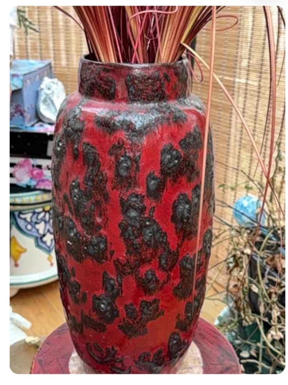 West German Scheurich Fat Lava pottery vase with a red and black glaze.